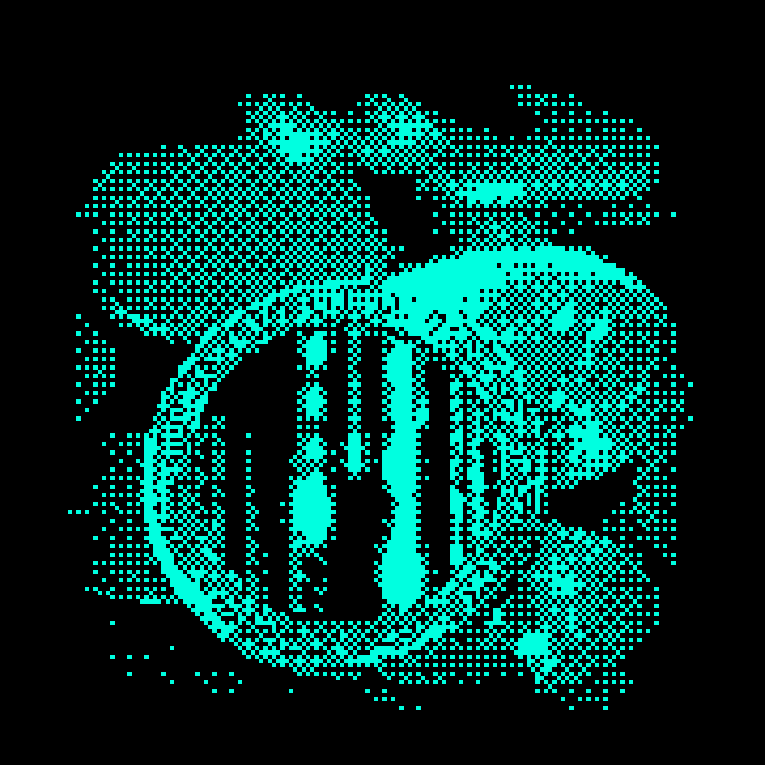 Dithered illustration of a lens with the Guru logo inside it
