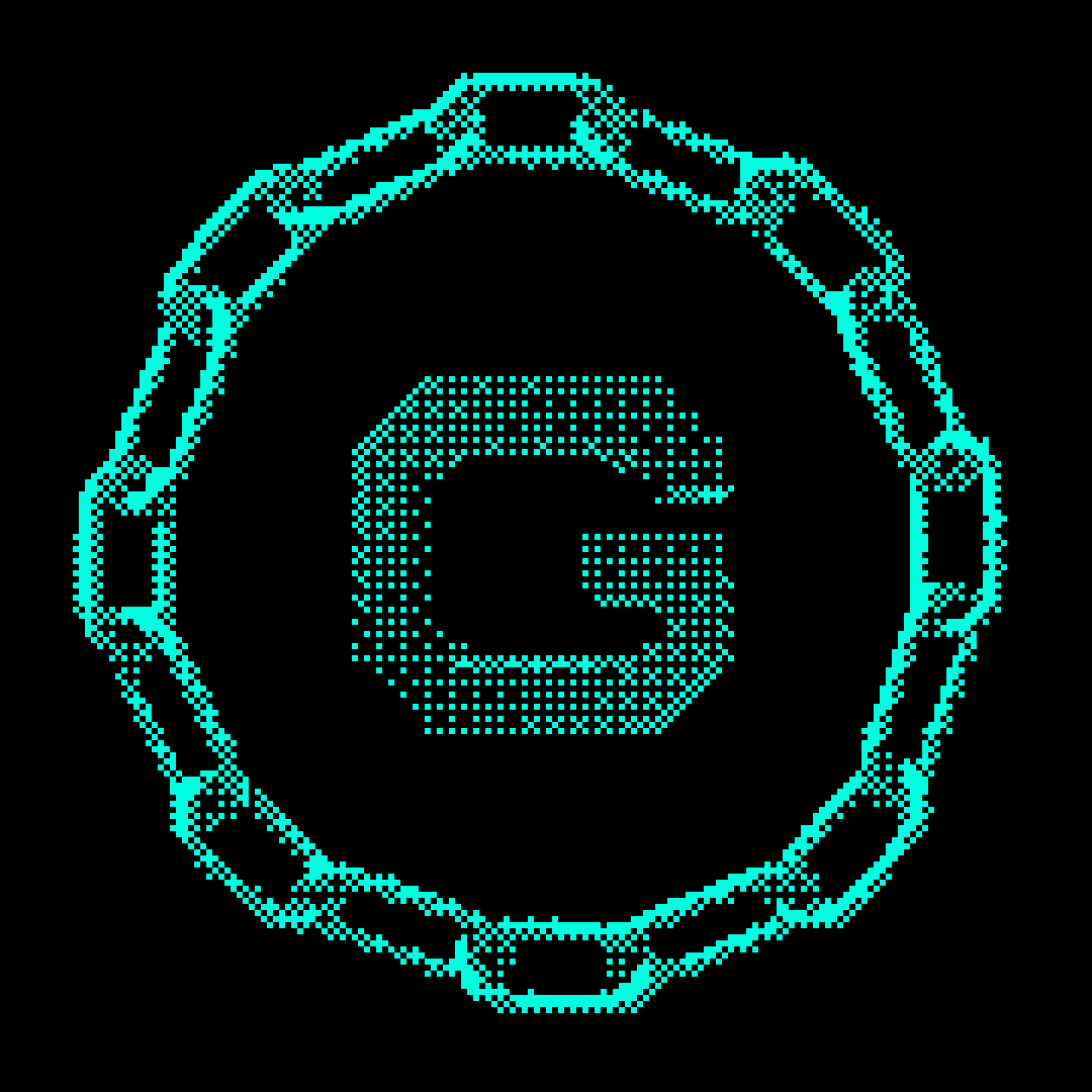 Dithered illustration of a chain with the Guru logo inside it